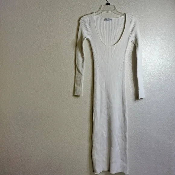 GANNI Melange knit scoop ribbed body cone midi dress in egret sz Xs